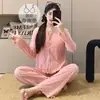Pijama con Almohadillas para el Pecho para Mujer Primavera y Otoño Nuevo Estilo Coreano Lindo Oso Dibujo Animado Algodón Cardigan Traje de Manga Larga Ropa de Casa