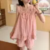 25 Años Nuevo Verano Algodón Nube Tirante Almohadilla en el Pecho Tirantes Pantalones Cortos Estilo Dulce y Lindo para Niña Pijama de Dos Piezas para Mujer
