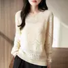 Coleção Nova Primavera 2026: Blusa de Tricô 100% Algodão Feminina, Manga Longa, Cor Sólida, Design Vazado, Caimento Solto, Peça Básica para Camadas
