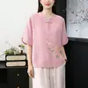 Novos Tops Bordados de Verão Estilo Chinês para Mães, Camisetas Modernas para Mulheres de Meia-Idade e Idosas, Conjuntos de Algodão e Linho de Manga Curta para o Verão para Mulheres de Meia-Idade