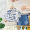Traje de Verano con Estampado Completo de Letras para Bebé de Manga Corta 2025 Nuevo Exportación Ropa de Verano para Niños Shorts para Niños al por Mayor