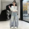Jeans de Primavera para Niñas 2026 Nuevos Pantalones Casuales Bordados para Niñas, Pantalones de Pierna Ancha de Moda para Niños Mayores en Primavera y Otoño