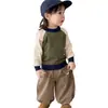 Conjunto de Tricô Estilo Coreano para Bebês e Crianças Pequenas, Bloco de Cores, Manga Raglan, para Meninos e Meninas, Outono, Solto, Casual, Calça de Perna Larga, Conjunto de Duas Peças