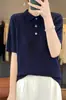 Top Feminino de Tricô Tencel Lyocell Torcido com Gola Polo, Design Versátil para Primavera/Verão, Simples, Retrô, Gola Reversível