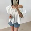 Estilo Chic Coreano 2026 Verão Nova Versão Coreana Manga Bufante Usar dos Dois Lados Elegante Blusa Camisa Roupa Feminina