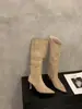 Botas altas de tacón alto con punta de ante caqui apilado para mujer, otoño e invierno 2026, botas altas de equitación ajustadas con forro de polar