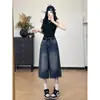 Calça Jeans Azul Vintage de Perna Larga para Mulheres, Calça Cropped Fina de Verão, Tamanho Petite, Caimento Solto, Calça Reta Versátil Emagrecedora de Comprimento Médio