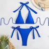 Exportación Europea y Americana Nuevo Traje de Baño Color Sólido Sexy con Cordones Espalda Descubierta Bikini de Tres Puntos Traje de Baño Dividido para Mujer de Alta Gama