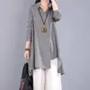 Camisa de manga larga de algodón y lino con cuello polo de diseño irregular, nueva para primavera y verano, longitud media, color liso, retro, ropa para mujer