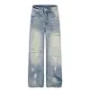 Jeans Rotos Retro Americanos para Hombres y Mujeres 2026 Otoño Nuevo Estilo Lavado Desgastado Pierna Ancha Sueltos Rectos Pantalones Largos