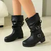 2026 Inverno Estilo Britânico Retro Botas Altas Femininas Bico Redondo Fivela 40-45 Tamanho Grande Botas de Couro Botas Longas Acima do Joelho