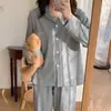 Pijama Feminino Novo Primavera e Outono 2025 Cardigã Imitação de Algodão Mangas Longas Calça Conjunto Doce Casual Ins Roupas de Casa