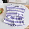 Traje de niña Raya Infantil Estilo Coreano Casual Holgado Estilo Occidental Niña Dos Piezas Verano Manga Corta Vestido de Verano para Bebé