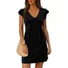 Comércio Exterior Europeu e Americano Roupas Femininas Transfronteiriças, O Vestido Mini Tank Ruched de Gola V com Mangas Flare Mais Vendido da Amazon