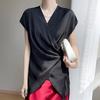 Camisa Cárdigan de Verano Nueva de Satén Elegante y a la Moda con Cuello en V Manga Corta Color Sólido Suelta Versátil Top