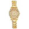 Novo Relógio Pulseira Cubana Full Diamond Cruzada Relógio de Pulso de Quartzo com Numerais Romanos Inlaid de Strass Luxo Leve para Mulheres Liga Metálica Atacado
