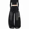 Calça Moletom Lavada com Letras Street Hip-Hop Unissex Outono Tendência Estilo Americano Solta de Perna Larga Calça Casual Hip-Hop Curvada