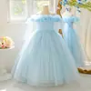 Novo um- ano de idade bebê princesa vestido infantil tridimensional flor um- ombro vestido de malha do bebê menina vestido de desempenho