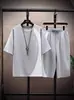 2025 Novo Conjunto de Camiseta de Manga Curta para Verão Masculino Estilo Coreano Tendência Jovem Casual Esportivo Calça Capri Conjunto de Duas Peças