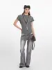 HeyHenry Sencilla Camiseta de Hombro Ajustada Adelgazante Cintura Ceñida Verano Nuevo Elegante Color Sólido Manga Corta Cuello Redondo Top