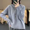 Suéter de punto con capucha y media cremallera de color liso estilo coreano para mujer, nueva colección otoño e invierno, juvenil y holgado, suéter tipo pullover acanalado de estilo casual