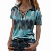 2025 Novo Feminino Europeu e Americano Transfronteiriço Amazon Plus Size Feminino Verão Camiseta de Manga Curta Estampa Lace-Up Decote V Top