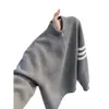 Tricô preguiçoso retrô meio casaco suéter masculino listrado gola alta zíper cinza americano outono 2027 preto