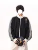 Chaqueta de Waffle con Parches Rayados y Cuello Alto para Hombres y Mujeres, Otoño Estilo Americano Casual Deportivo Sudadera de Punto para Parejas