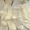 Calcetines Blancos Estilo Coreano Otoño/Invierno de Media Pantorrilla Color Sólido Lunares Lindos Con Volantes Largos Versátiles Estilo Japonés Academia Holgados