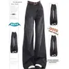 Calça Jeans Larga Preto e Cinza Estilo Americano para Mulheres, Novo Verão Vintage Lavado Cintura Alta Solta Caimento Fluido Comprimento Total Reta