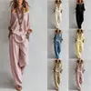 Conjunto de Verão Casual Soltinho de Linho com Mangas Três Quartos + Calça Wide Leg - Site Independente Europeu e Americano Cross-Border Amazon
