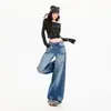 Jeans azules de pierna ancha para mujer, estilo americano, lavado vintage, efecto desgastado de bigotes de gato, para 2026, pantalones largos azules vintage, largo extendido
