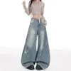 Jeans Azules Rasgados Estilo Retro Americano para Mujer, Temporada Primavera 2026, Adelgazantes Sueltos High Street de Pierna Ancha hasta el Suelo