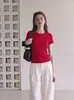 Top de punto de verano para mujer petite, estilo francés, rojo, cuello redondo, hombros normales, manga corta, corte ajustado, ceñido, adelgazante, versátil, de longitud corta
