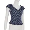 Camiseta Y2K para Mujer, Top Retro de Nicho Europeo y Americano a Cuadros con Volantes y Mangas Abullonadas, Cuello en V Sexy Estilo Ballet Francés, Adelgazante