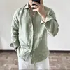 Camisa Masculina de Algodão e Linho Europeia e Americana de Alta Qualidade Amassada Solta Respirável Manga Longa Proteção Solar Casual Versátil Cor Sólida