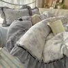Novo Conjunto de Roupa de Cama Estampado com Renda de Algodão Puro Quatro Peças Estilo Pastoral Estético Francês Capa de Edredom Estilo Princesa Tipo A