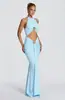 Vestido Largo de Noche con Escote Halter Hebilla Metálica Hueco Falda Larga de Sirena Plisado Ajustado Vestido Largo Formal de Fiesta