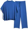 Conjunto de Tricô Cruzado de Manga Longa com Gola Alta Meia-Alta e Manga Morcego, Conjunto de Duas Peças com Calça de Perna Larga Solta e Fluida, Manga Curta para o Início do Outono