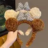 Color Marrón ~ Diadema de Oso Peluche Diadema con Lazo a Cuadros Estilo Otoño e Invierno Diadema Lavado Facial Reductora de Edad para Niñas