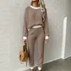 Conjunto de dos piezas para mujer: sudadera casual de punto gofre con cordón y cuello redondo y pantalón largo casual