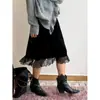 Falda midi de terciopelo retro para mujer, nuevo estilo otoño/invierno, diseño de cintura alta en línea A con ribete de encaje, creando un efecto adelgazante