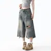 Jeans retos com design desfiado e rasgado estilo americano para mulheres, novas calças cropped largas vintage com efeito desgastado