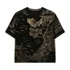 Elegante camiseta redonda con estampado de pedrería, top moderno y estiloso para mujer, nueva blusa chic de verano de manga corta
