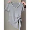 Design Plus Size com Strass, Camisa de Manga Curta Lisa com Amarração para Mulheres, Novo Estilo Verão 2026, Caimento Solto, Top Emagrecedor, Versátil