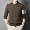Suéter Masculino Juvenil de Malha com Zíper Meio Alto e Listras Verticais, Manga Longa, para Primavera, Outono e Inverno, Quente e Grosso, Estilo Casual e Relaxado