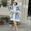 Manto de Lã com Capuz e Xale Forrado com Fleece, Manto Elegante de Alta Qualidade, Cardigan Tricotado de Pelo de Coelho Rex, Pelo Sintético de Visom