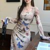 Vintage Spice Girl Borboleta Vestido Estampado Mulheres Outono plus size gordinha menina Slim-fit Emagrecimento Sexy Puro Desejo Hip Vestido