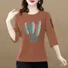 Superávit de comercio exterior transfronterizo, blusas para mujeres de mediana edad y mayores, talla petite, corte holgado, estampadas, versátiles, camiseta de manga tres cuartos