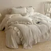 Juego de ropa de cama de algodón waffle teñido en hilo, estilo retro y femenino con encaje, juego de cuatro piezas de algodón y lino para el hogar con detalles de perlas